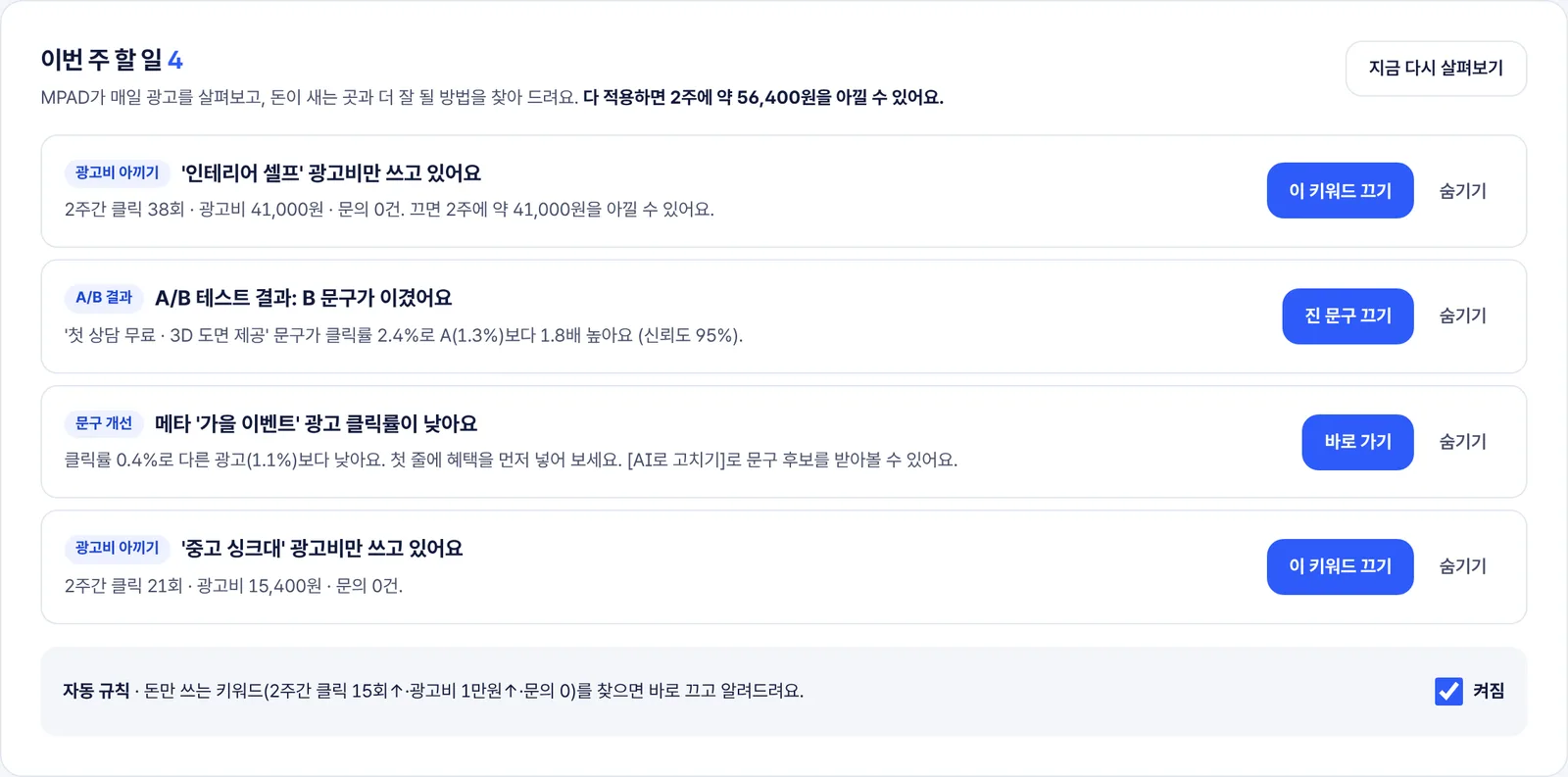 이번 주 할 일 예시 — 낭비 키워드 끄기, A/B 테스트 결과, 문구 개선 제안