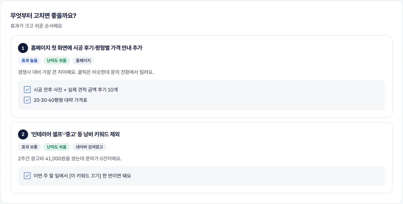 AI 분석 보고서의 '무엇부터 고치면 좋을까요?' 예시